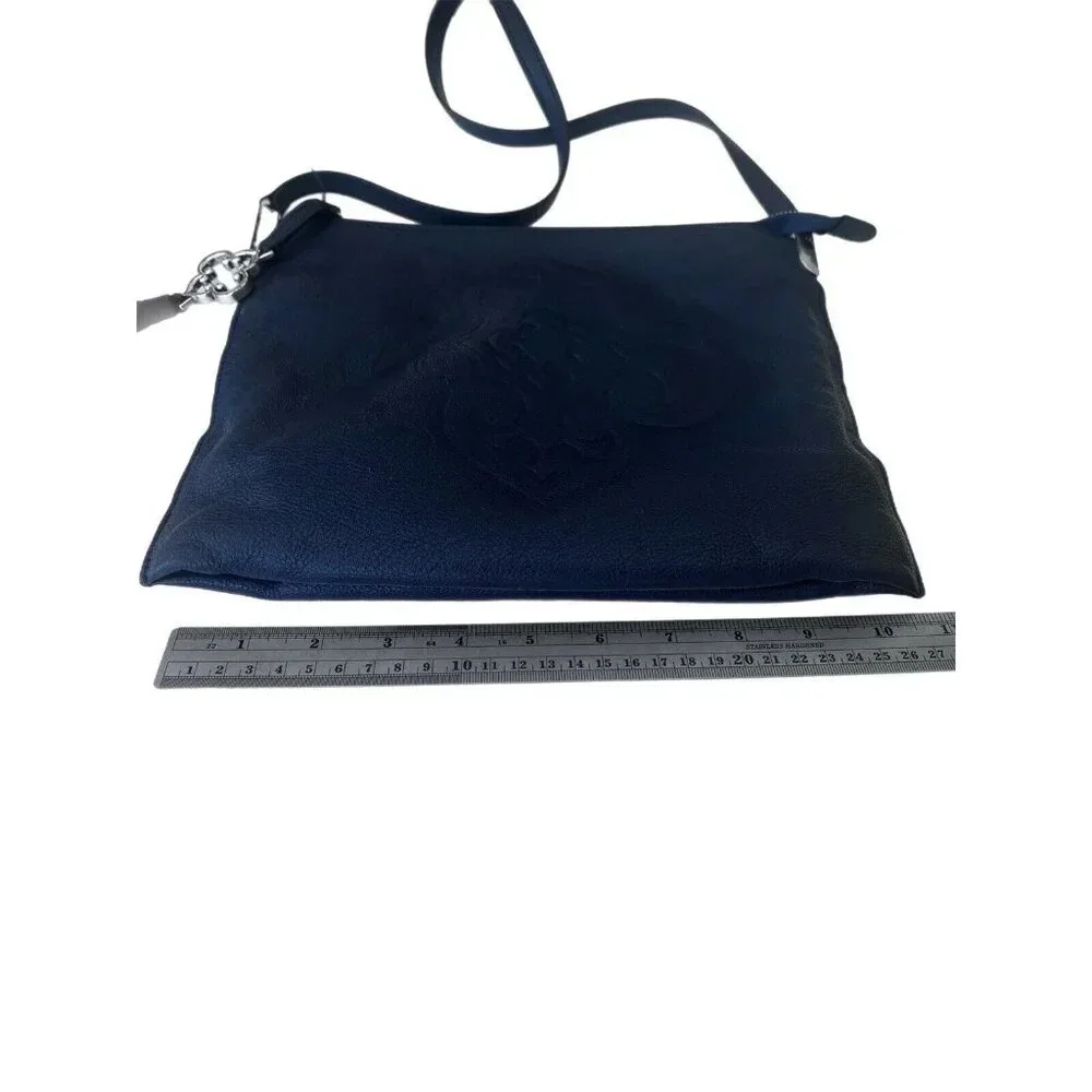 BRIGHTON - Slim, blue flowers embossed leather shoulder bag, expandable E952423